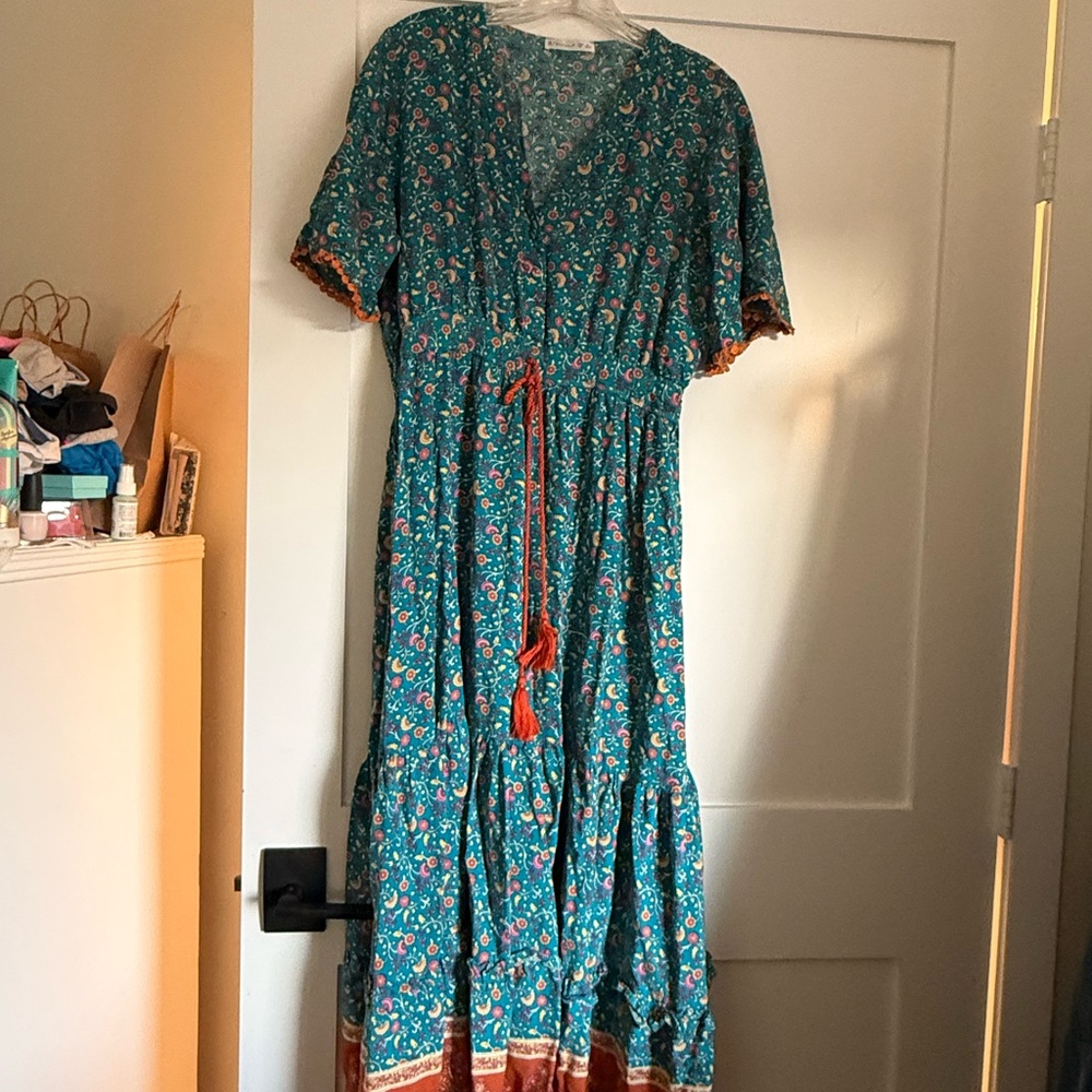 Boho Teal Floral Maxi Dress with Rust Trim and Tassel - Picture 2 of 5